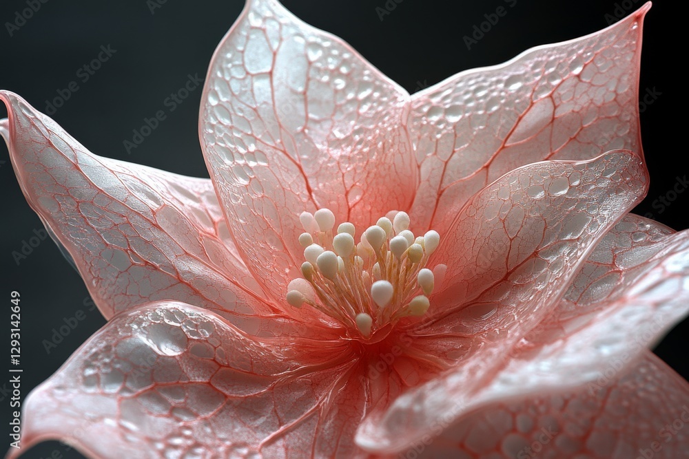 Poster delicate pink flower with intricate patterns and droplets captured in close-up against a dark backgr