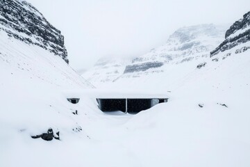 Snow-Covered Modern Building Nestled in Snowy Mountain Valley