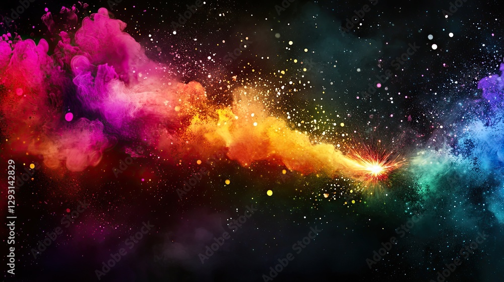Poster a spark igniting a trail of bright colors across a dark background, symbolizing creativity in motion