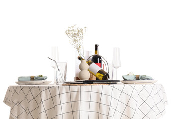 Served restaurant table with flowers on white background