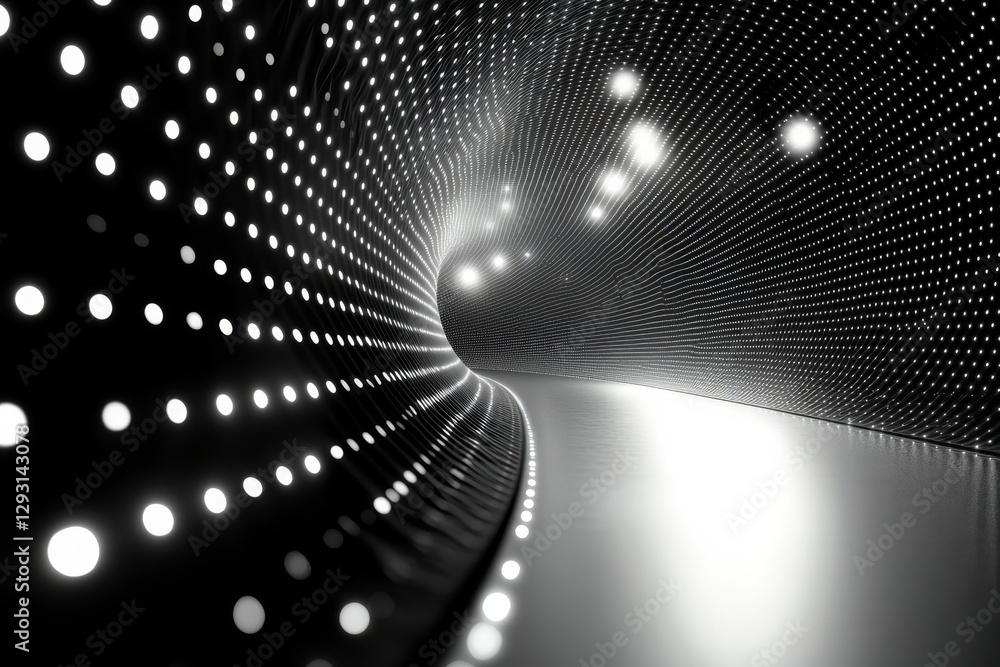 Poster light patterns create an immersive experience in a futuristic tunnel during nighttime exploration