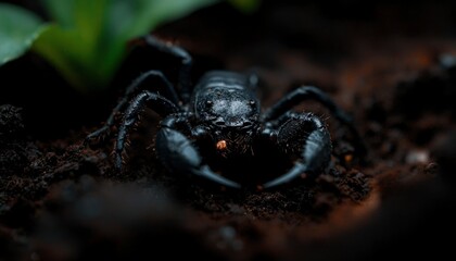 Black Scorpion Crawling on Dark Soil Close-Up