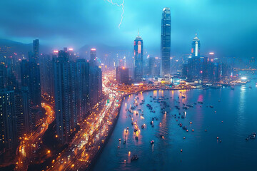 Fototapeta premium Aerial view of lightning over the Hong Kong cityscape, symbolizing power and beauty