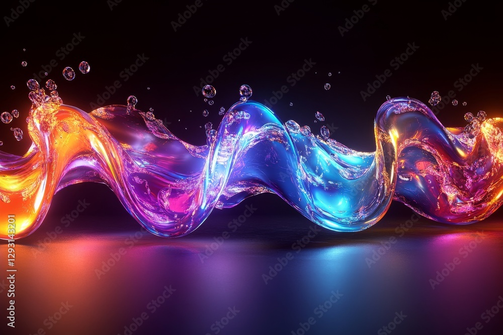 Poster fluid colors swirl together creating vibrant waves of light and motion in a dark setting at night