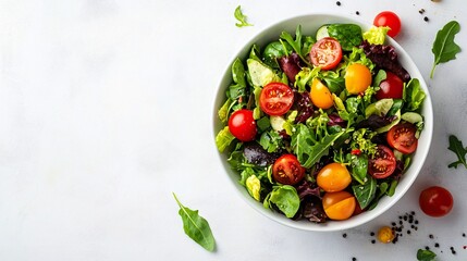 A vibrant salad bowl filled with fresh greens, cherry tomatoes, and colorful vegetables, perfect for a healthy meal.