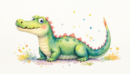 A cartoon crocodile with a big smile on its face. The crocodile is green and has a long tail