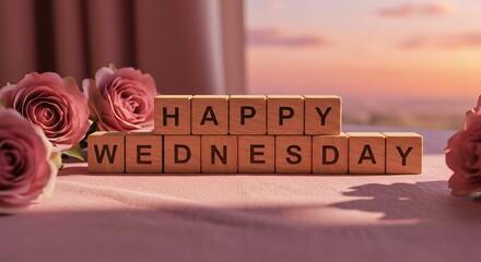 Happy Wednesday Greeting with Pink Roses and Sunset View