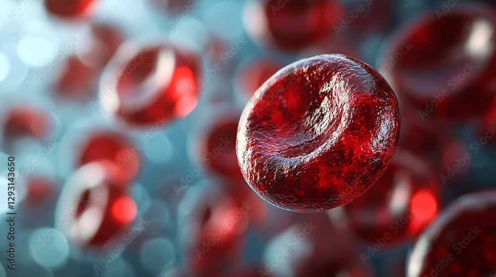 Poster a close-up of red blood cells floating in a fluid medium, showcasing their unique shape and vibrant 