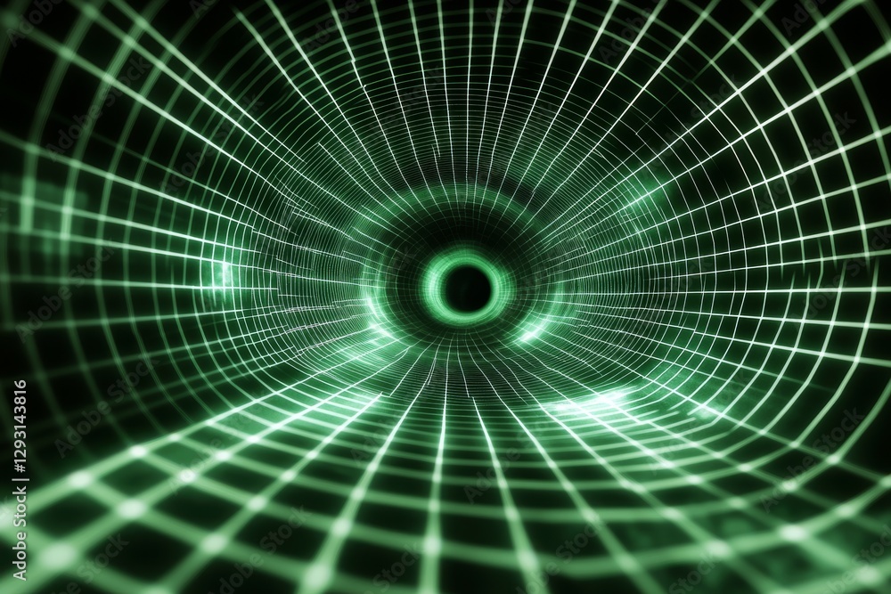 Poster exploration of a green digital tunnel with grid patterns in a futuristic landscape