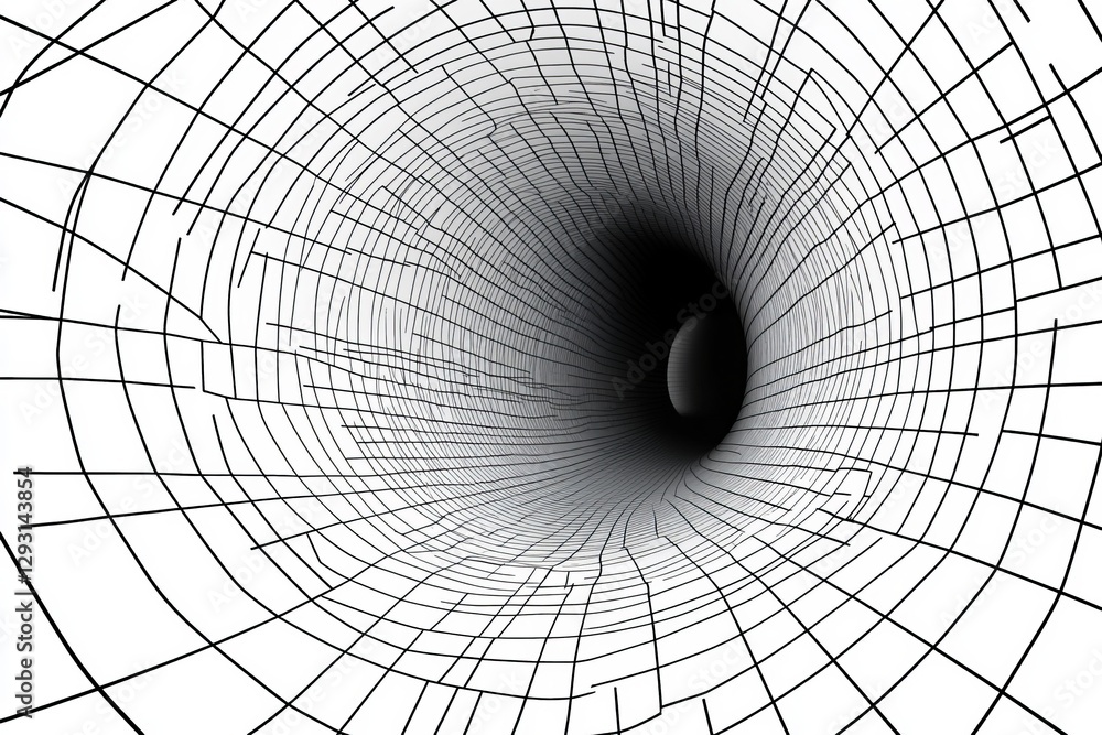 Poster tunnel illusion with intricate grid lines creating a sense of depth and movement in a minimalist set
