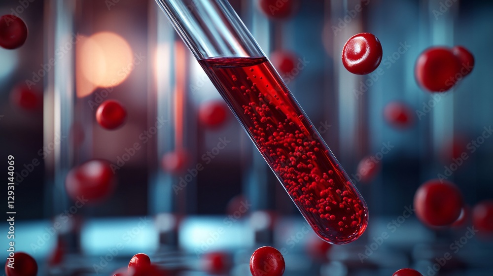 Poster a test tube filled with red liquid suspended in a lab environment, surrounded by floating red sphere