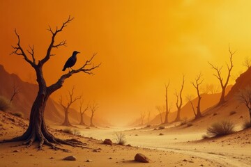 A solitary raven perched on a dead tree in a desolate, sun-drenched desert landscape, conveying a sense of isolation and the harsh beauty of nature's resilience.