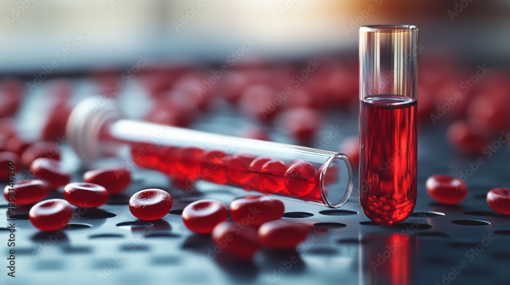 Poster a close-up view of test tubes containing red liquid, surrounded by scattered red blood cells on a su