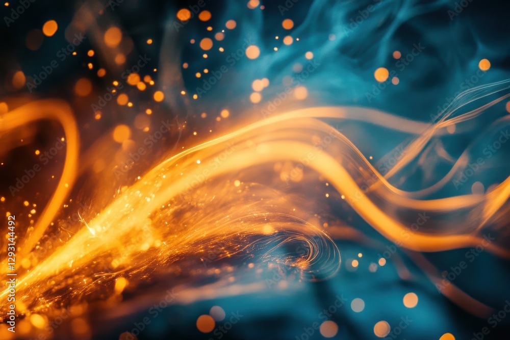 Poster swirling patterns of orange and blue light create a mesmerizing abstract display in a dark environme