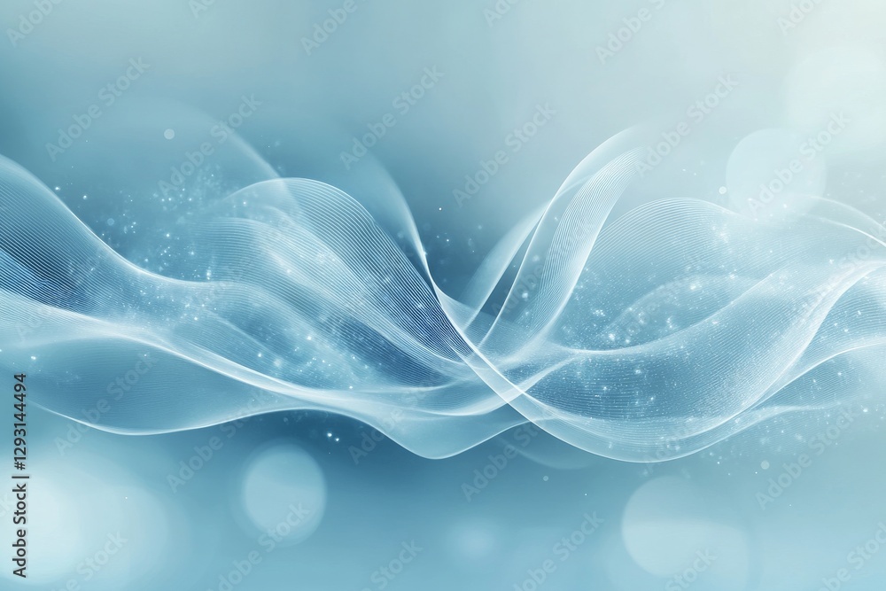 Poster swirling abstract patterns in soft blue tones highlight fluid movement and ethereal quality