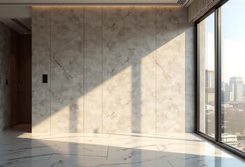 Obraz premium Luxury penthouse minimalism: A pristine, empty wall becomes a statement of sophisticated simplicity, accentuating architectural details and spaciousness in an upscale setting.