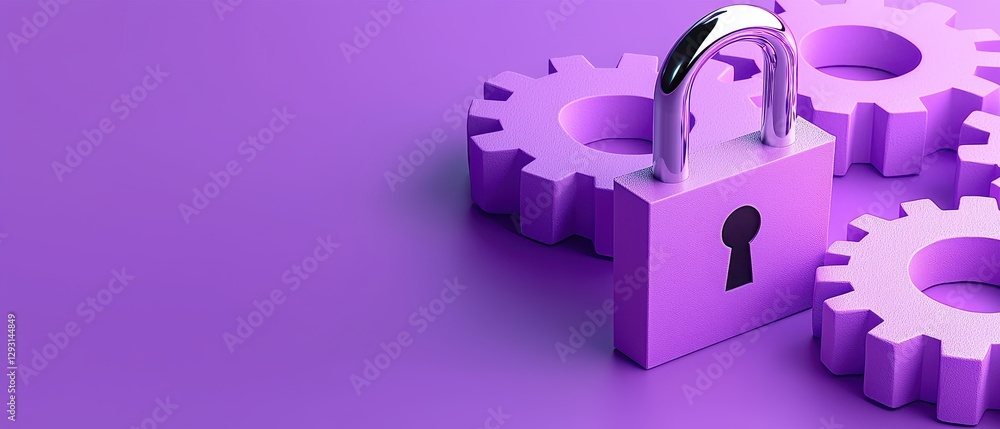 Poster a purple padlock and gears symbolize security and technology concepts.