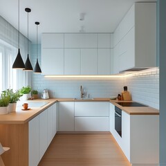 Kitchen and wood counters with the three black pendants
