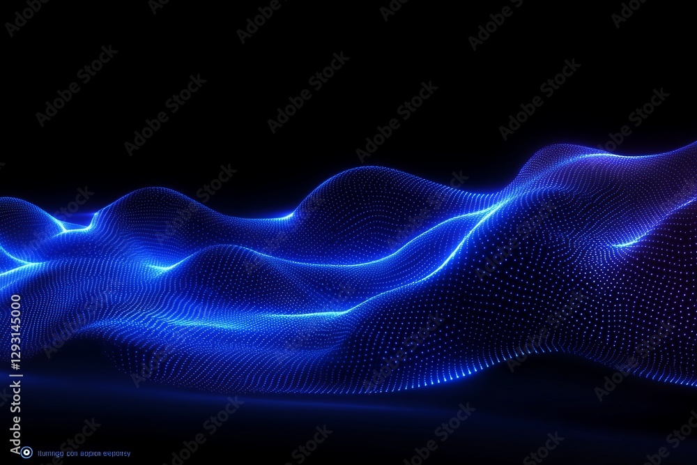 Poster dynamic blue light waves form intricate patterns in a dark space, creating a mesmerizing visual effe