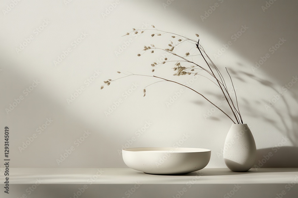 Poster minimalist arrangement of a white bowl and vase with delicate branches against a neutral backdrop in
