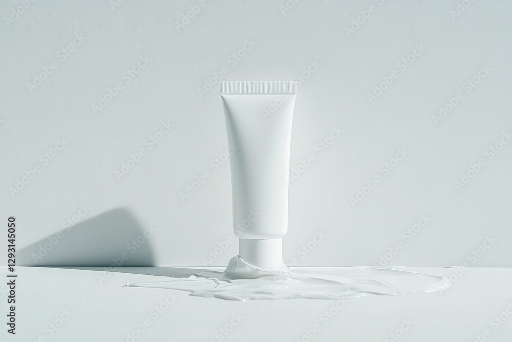 Poster white tube of cream with spill on light gray surface in a minimalistic setting