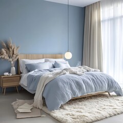 A modern bedroom interior displaying a comfortable bed and decor