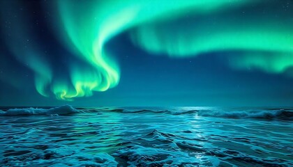A mesmerizing display of the aurora borealis over the ocean with crashing waves