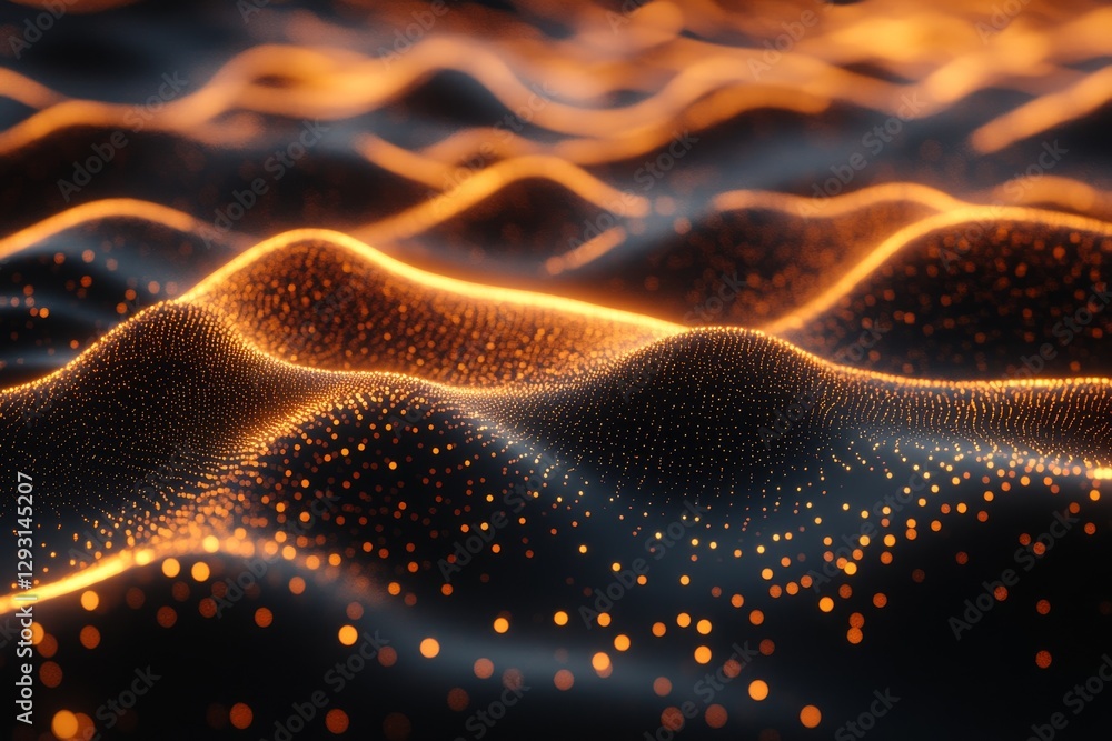 Poster abstract visualization with flowing waves and glowing dots in a dark space during a digital design s