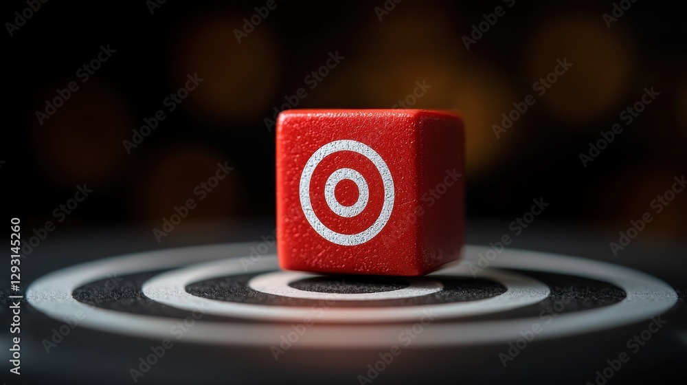 Poster a red target cube on a black circular target symbolizing focus and goal achievement.