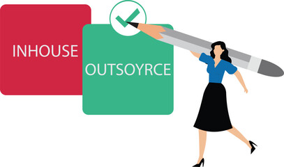 Business manager deciding between inhouse or outsourcing with check mark