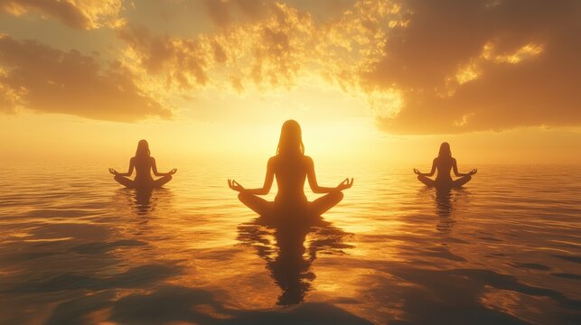 Three Women Practicing Meditation at Sunset on a Serene Ocean, Symbolizing Peace, Harmony, and Connection with Nature