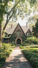 Stone house, lush garden, brick path, sunlight.