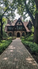 Stone house, tree-lined path, lush greenery.