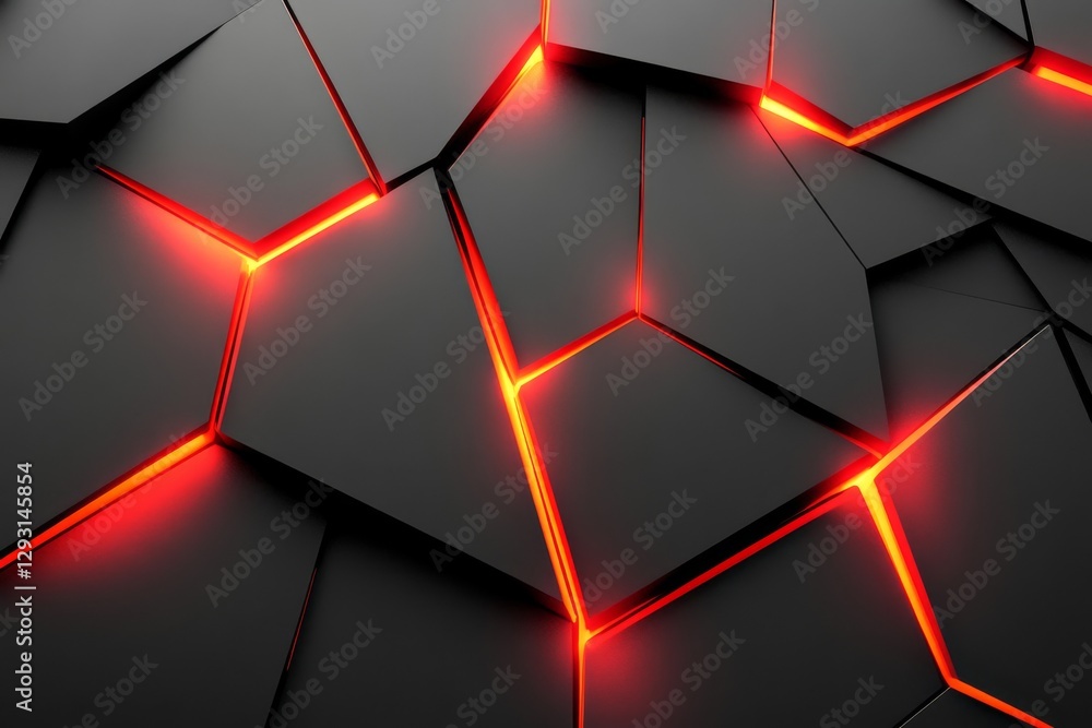 Poster modern abstract design featuring black hexagonal patterns illuminated with red light accents