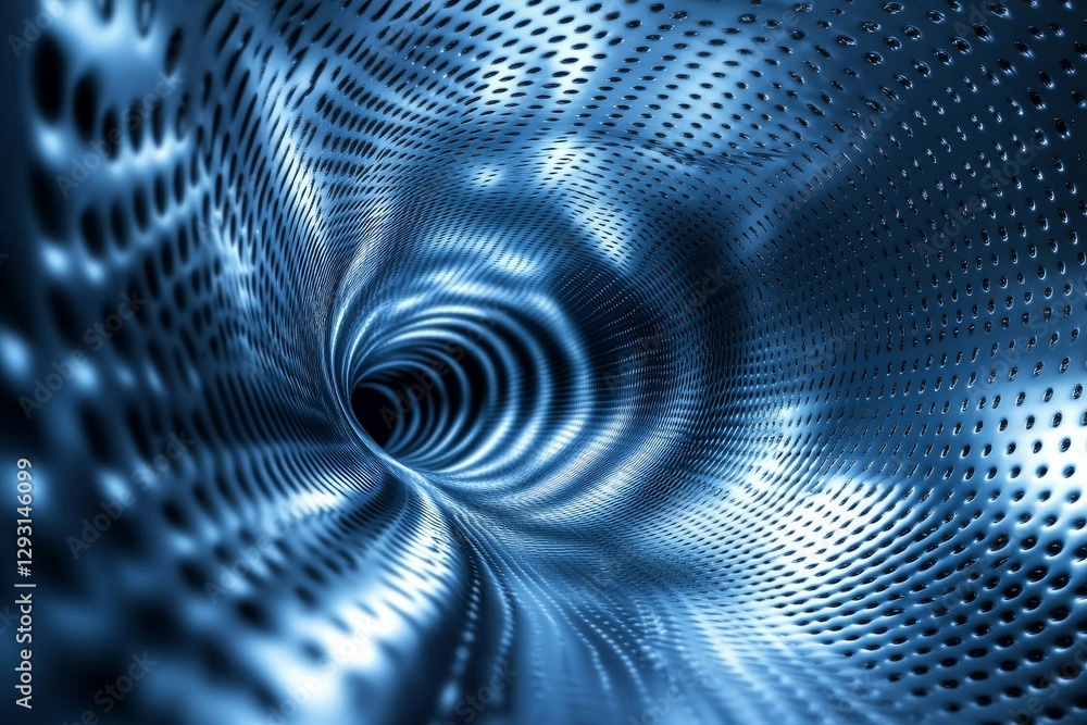Poster abstract representation of a metallic tunnel with intricate patterns and luminous reflections in a f