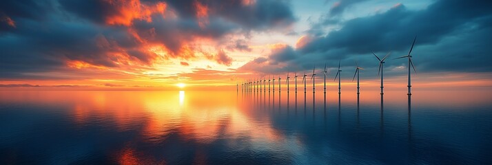 Sustainable offshore wind turbines in the ocean with a dramatic sunset sky