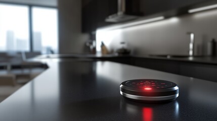Carbon monoxide sensor in a contemporary kitchen with black countertops. Featuring vigilance and protection