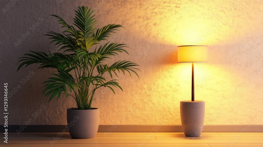 Poster soft yellow light illuminating an empty space, creating a cozy and calming ambiance.