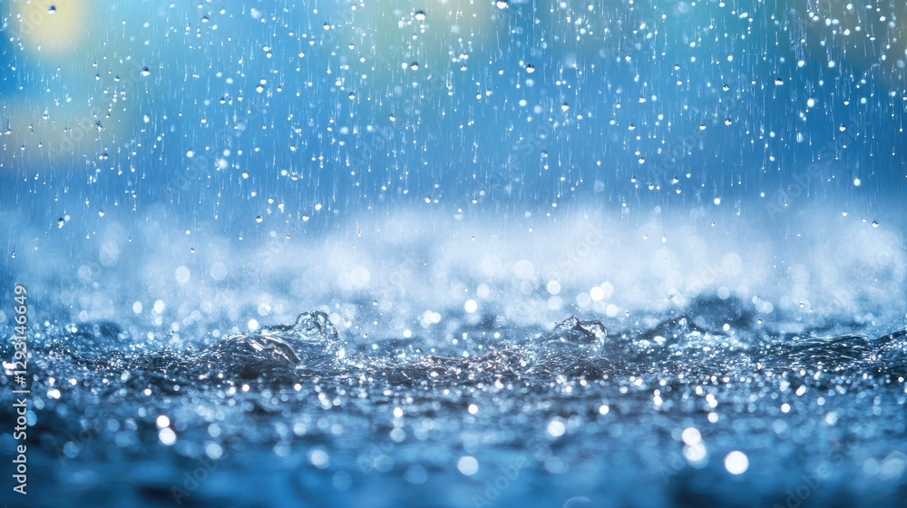 Aufkleber sparkling bokeh rain droplets with a blurred cool blue background, creating a mystical feel.