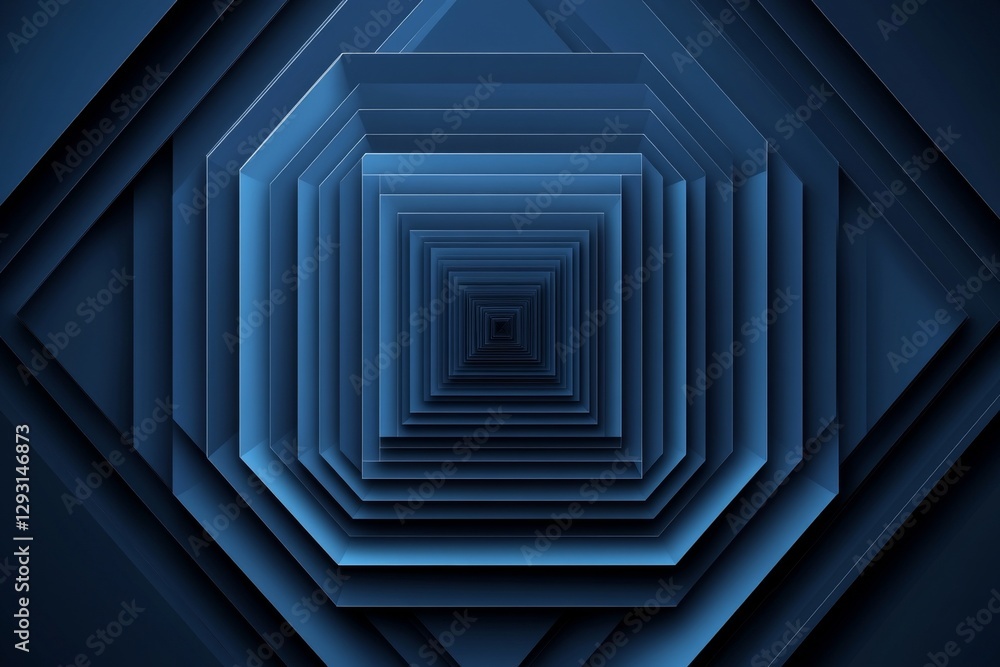 Poster depth perception creates an illusion of infinite layers in dark blue geometric shapes with varying s
