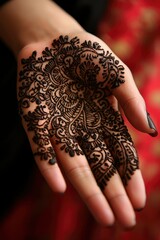 Intricate Henna Design on Woman's Hand on Red Background