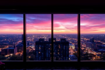 Panoramic view of Rockford's majestic skyline with towering buildings, modern architecture, lush greenery, distant mountains, and a vibrant twilight sky.