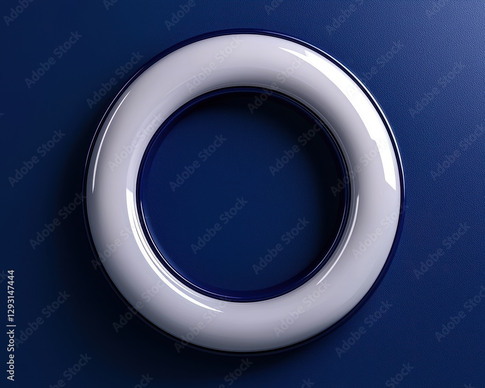 Poster a sleek circular object with a glossy finish against a deep blue backdrop.