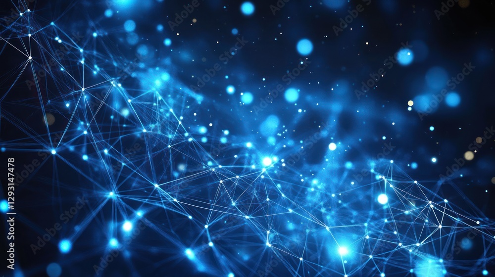 Poster abstract digital network, glowing points and lines on dark background.