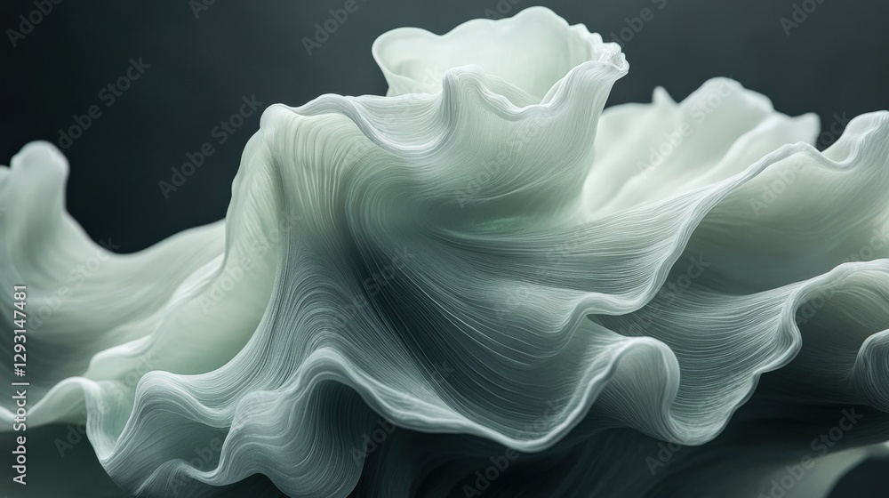 Poster an up-close view of a delicate and ethereal white fabric with fluid, wave-like patterns, highlightin