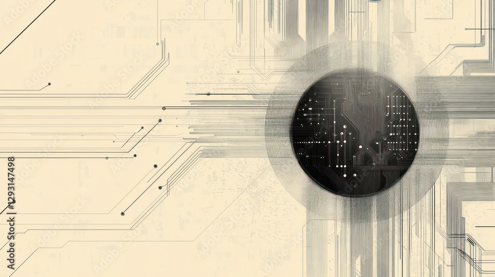 Poster abstract circuit board design with a central circular component.