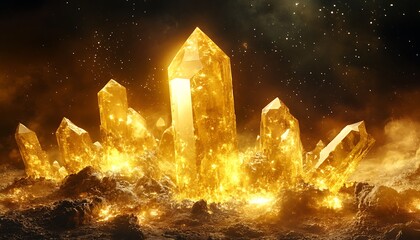 Luminous crystals glow brightly against a star studded night sky