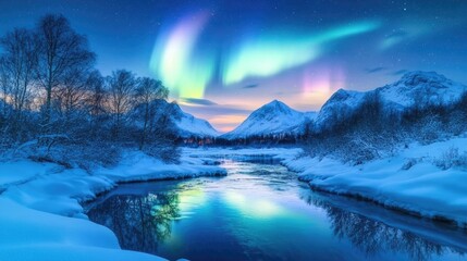 The Southern Lights forming graceful patterns in the sky, casting a soft, colorful glow over the winter landscape.