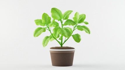 Obraz premium Fresh Green Plant in a Simple Pot with Rich Soil on White Background