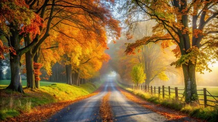 Fototapeta premium Autumn morning on a meandering country road, misty atmosphere, autumn leaves